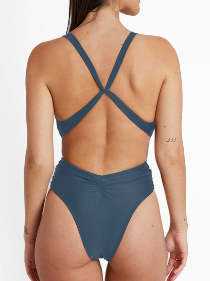 CUPSHE One Piece Swimsuit for Women Bathing Suit Cut Out Cross Back Tie Deep V Neck Ruched High Cut - 7DAY'S