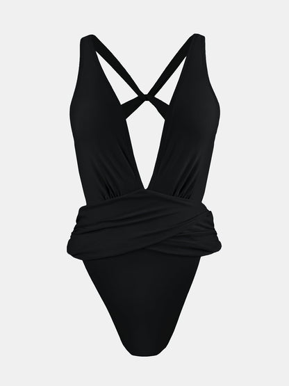 CUPSHE One Piece Swimsuit for Women Bathing Suit Cut Out Cross Back Tie Deep V Neck Ruched High Cut - 7DAY'S