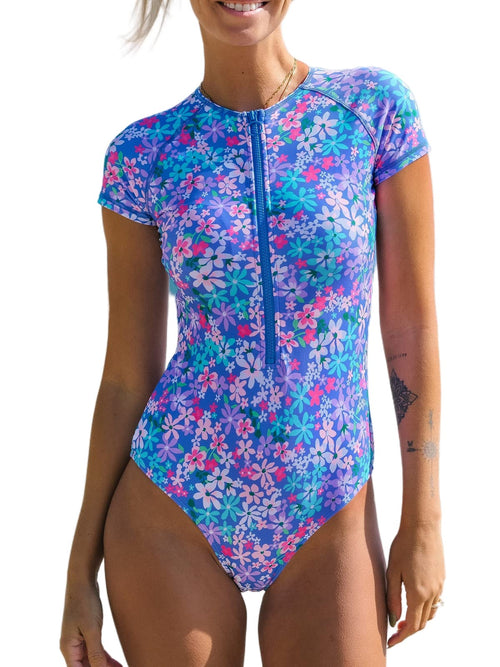 CUPSHE One Piece Swimsuit for Women Mock Neck Zipper Short Sleeve Bathing Suit