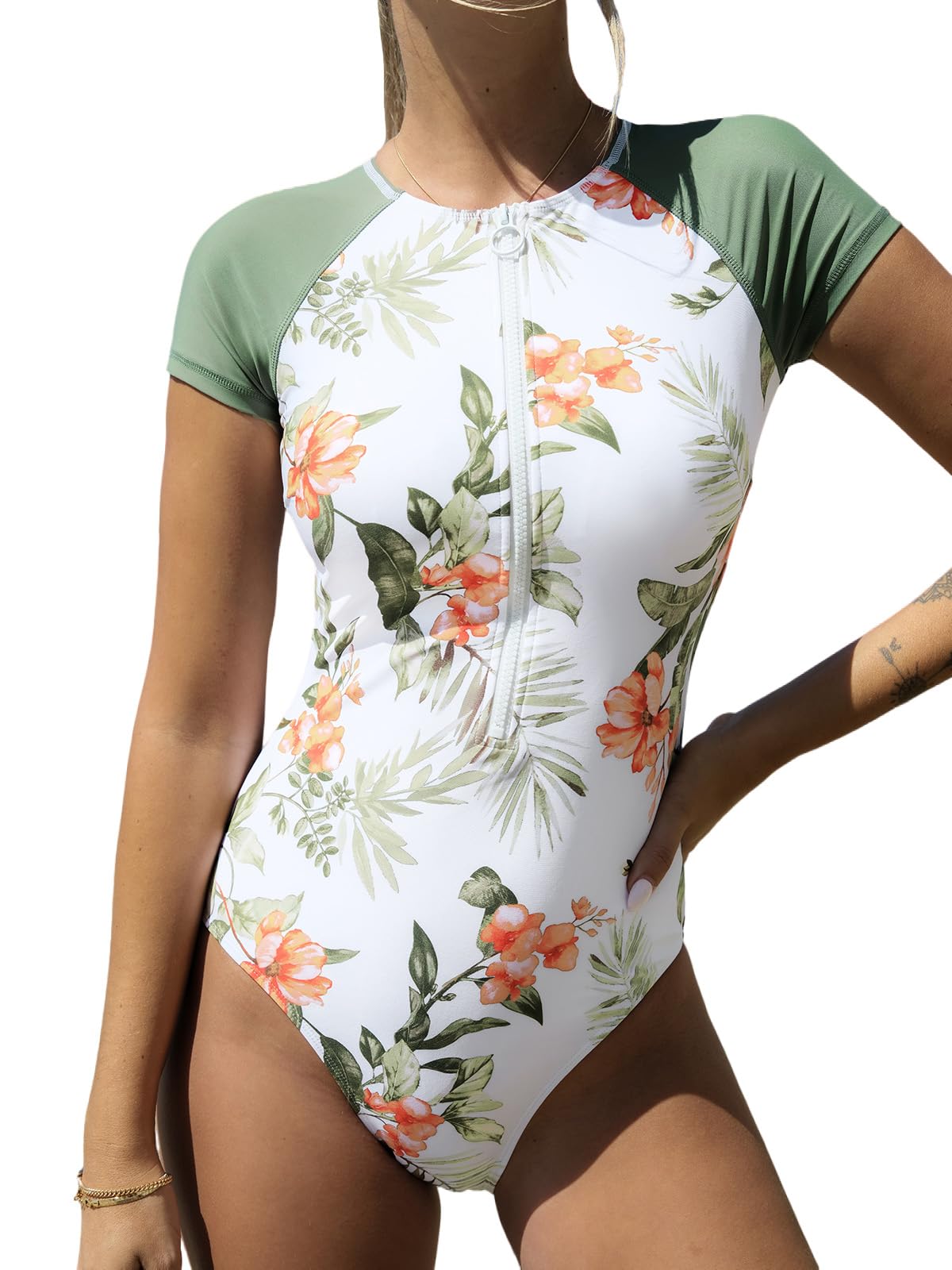 CUPSHE One Piece Swimsuit for Women Mock Neck Zipper Short Sleeve Bathing Suit - 7DAY'S