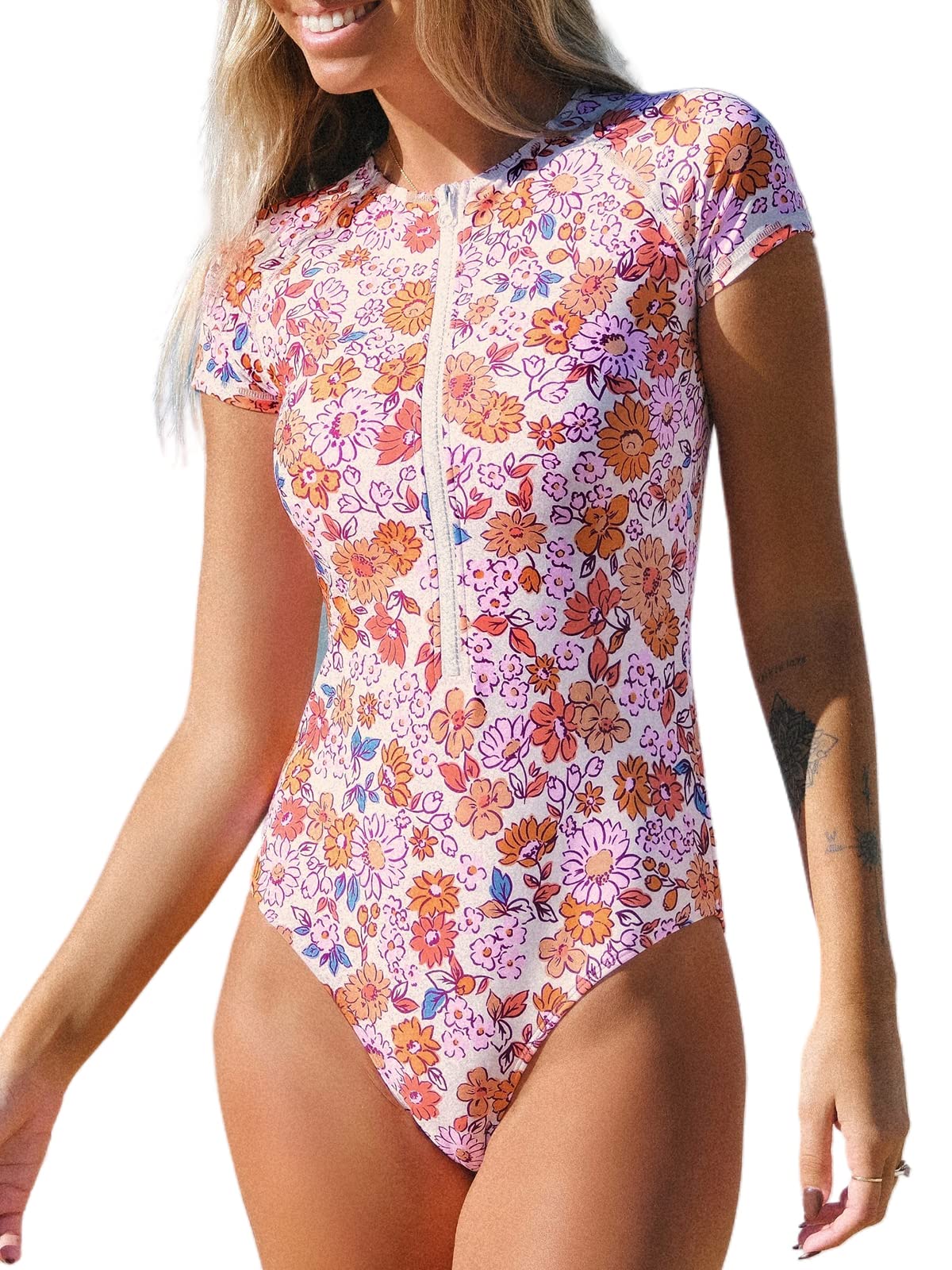 CUPSHE One Piece Swimsuit for Women Mock Neck Zipper Short Sleeve Bathing Suit - 7DAY'S