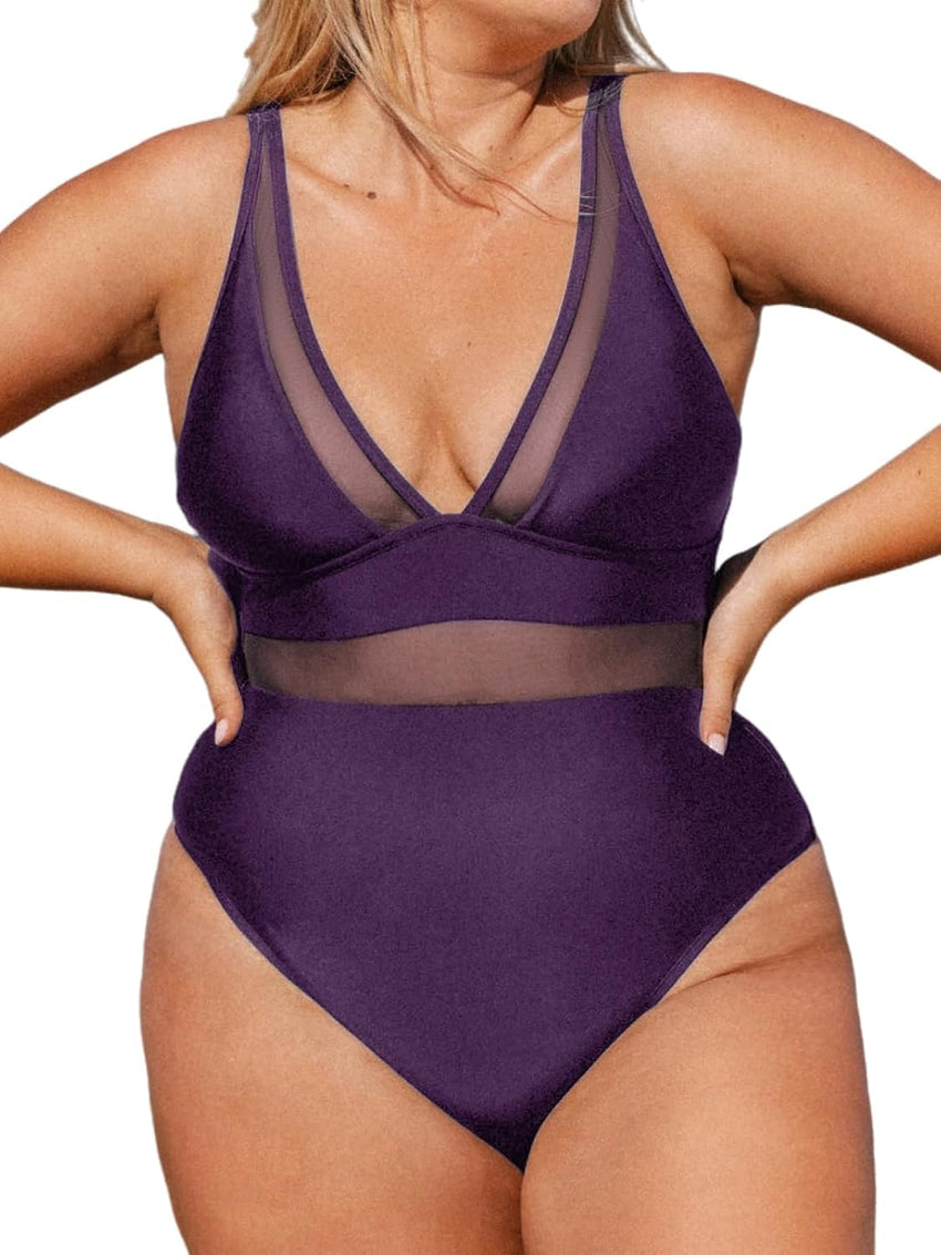 CUPSHE Women Plus Size One Piece Swimsuit V Neck Mesh Sheer Tummy Control Bathing Suit with Adjustable Wide Straps - 7DAY'S