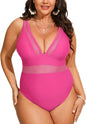 CUPSHE Women Plus Size One Piece Swimsuit V Neck Mesh Sheer Tummy Control Bathing Suit with Adjustable Wide Straps - 7DAY'S