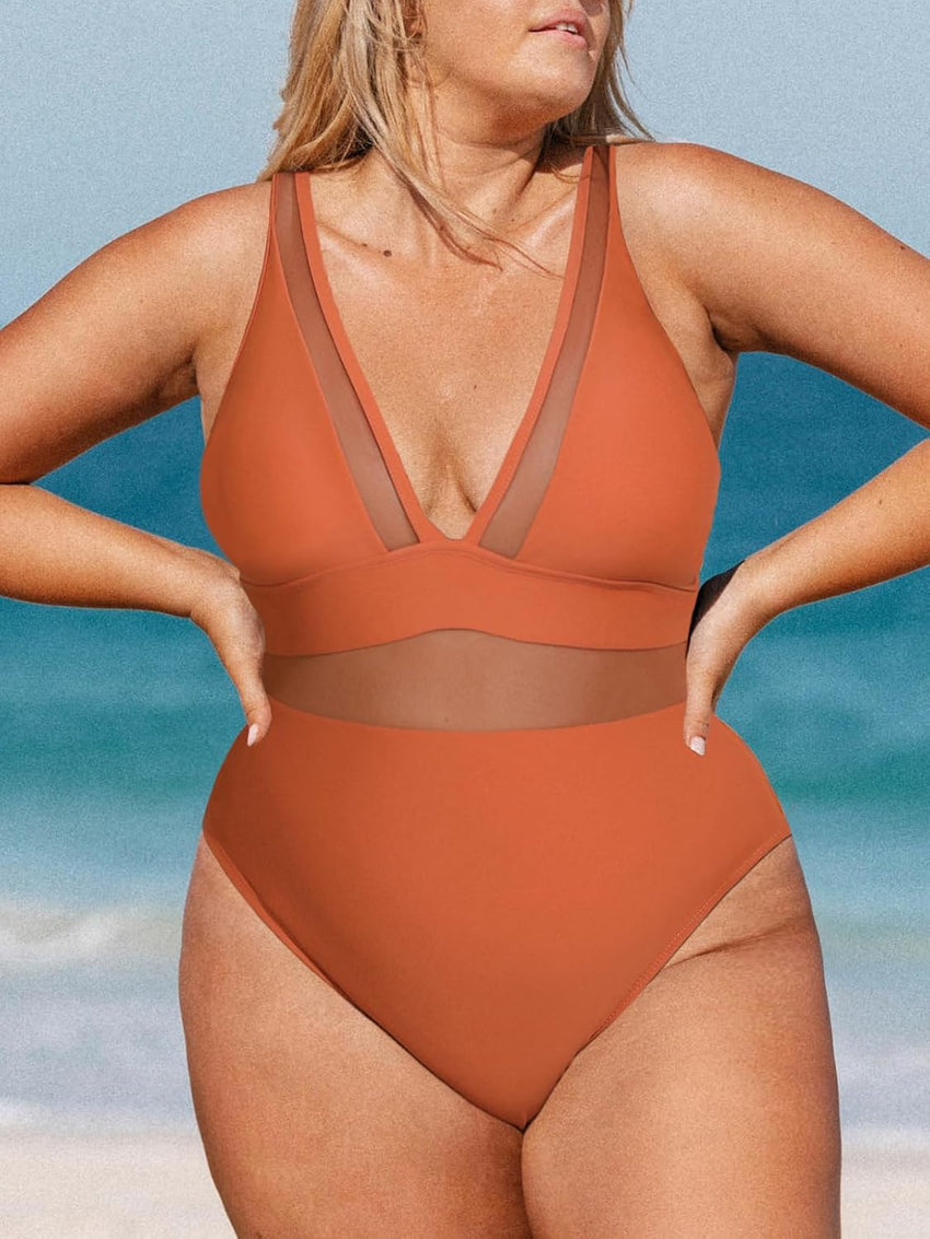 CUPSHE Women Plus Size One Piece Swimsuit V Neck Mesh Sheer Tummy Control Bathing Suit with Adjustable Wide Straps - 7DAY'S
