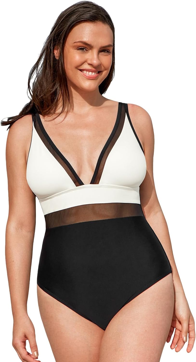 CUPSHE Women Plus Size One Piece Swimsuit V Neck Mesh Sheer Tummy Control Bathing Suit with Adjustable Wide Straps - 7DAY'S