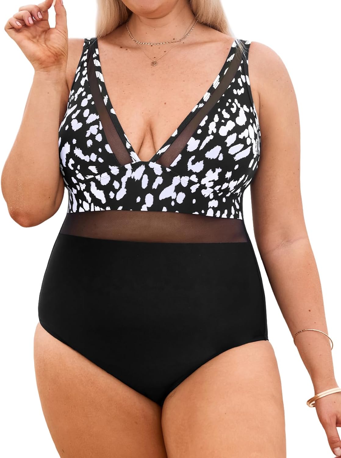 CUPSHE Women Plus Size One Piece Swimsuit V Neck Mesh Sheer Tummy Control Bathing Suit with Adjustable Wide Straps - 7DAY'S
