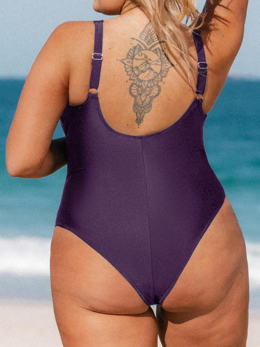CUPSHE Women Plus Size One Piece Swimsuit V Neck Mesh Sheer Tummy Control Bathing Suit with Adjustable Wide Straps - 7DAY'S