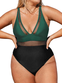 CUPSHE Women Plus Size One Piece Swimsuit V Neck Mesh Sheer Tummy Control Bathing Suit with Adjustable Wide Straps - 7DAY'S