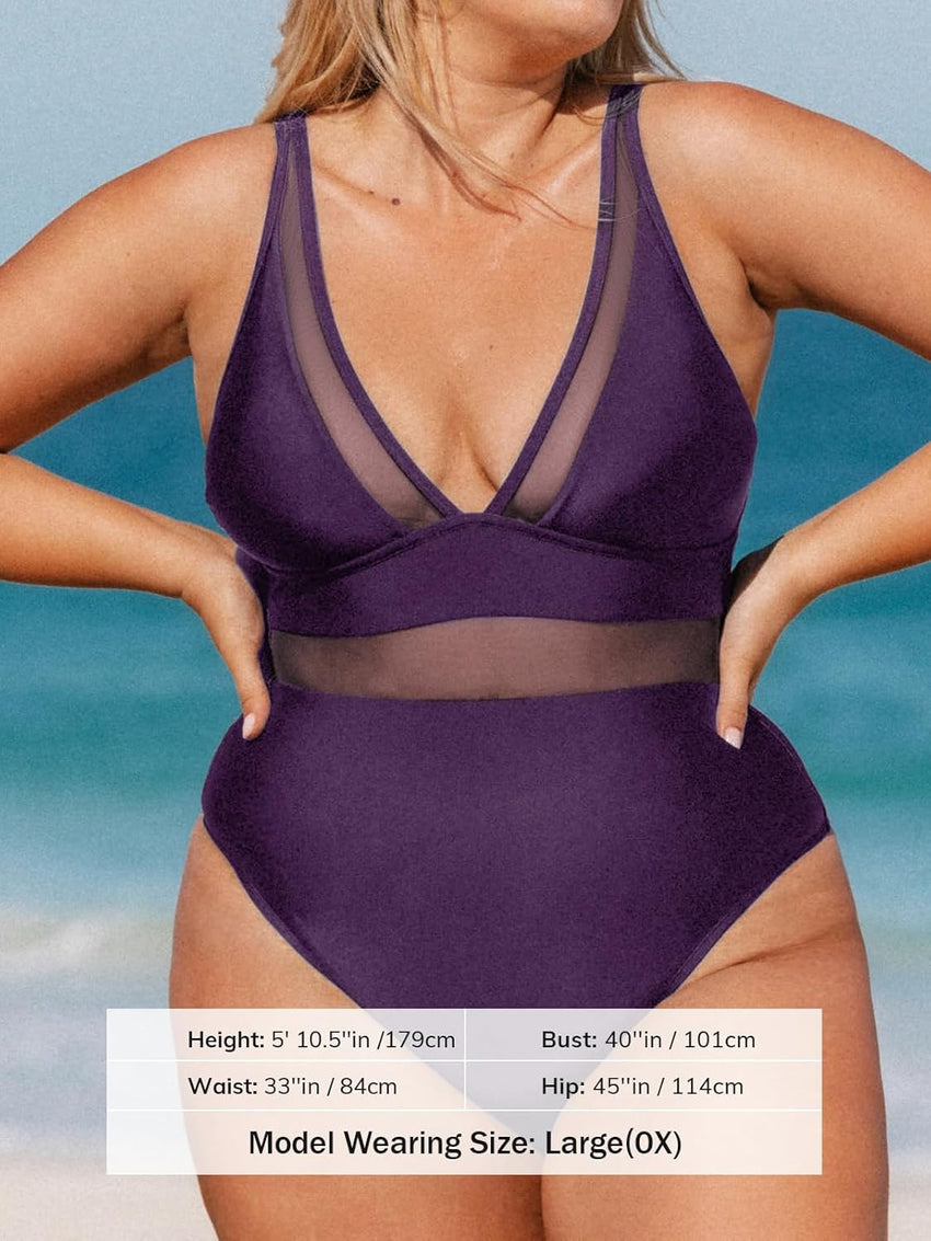 CUPSHE Women Plus Size One Piece Swimsuit V Neck Mesh Sheer Tummy Control Bathing Suit with Adjustable Wide Straps - 7DAY'S