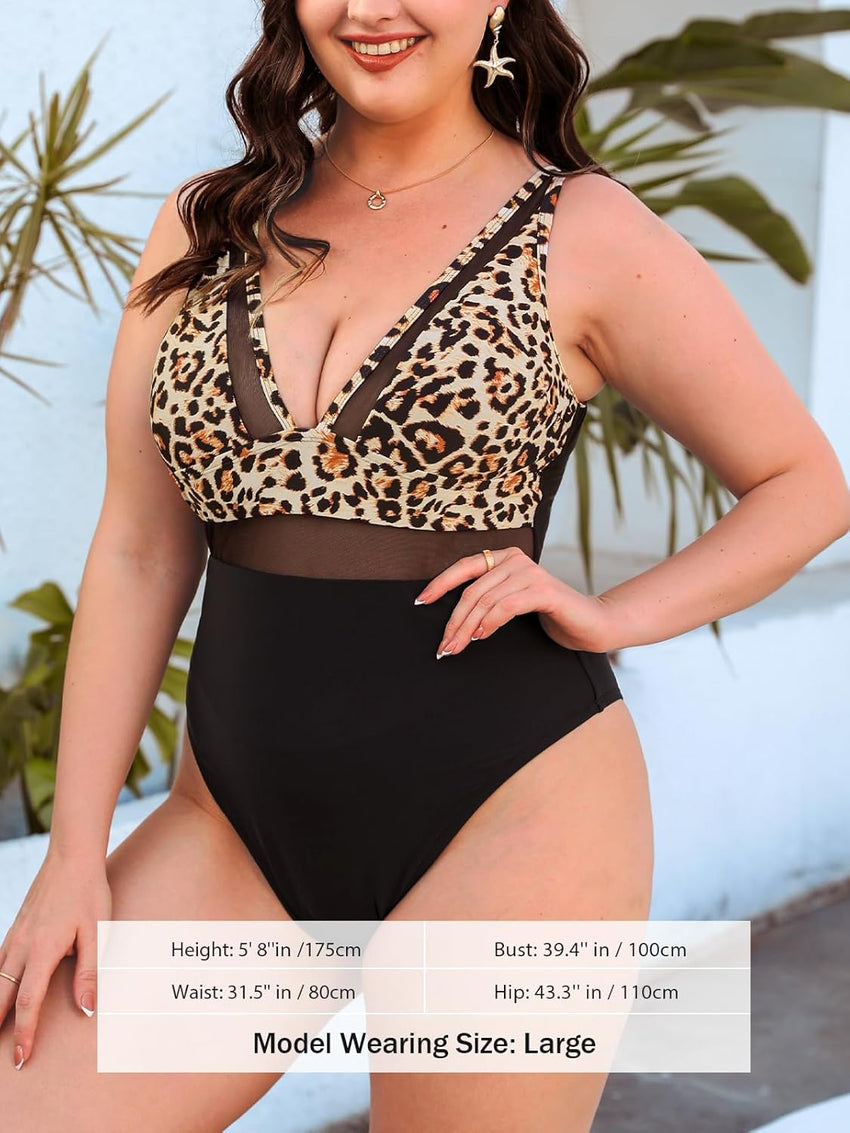CUPSHE Women Plus Size One Piece Swimsuit V Neck Mesh Sheer Tummy Control Bathing Suit with Adjustable Wide Straps - 7DAY'S