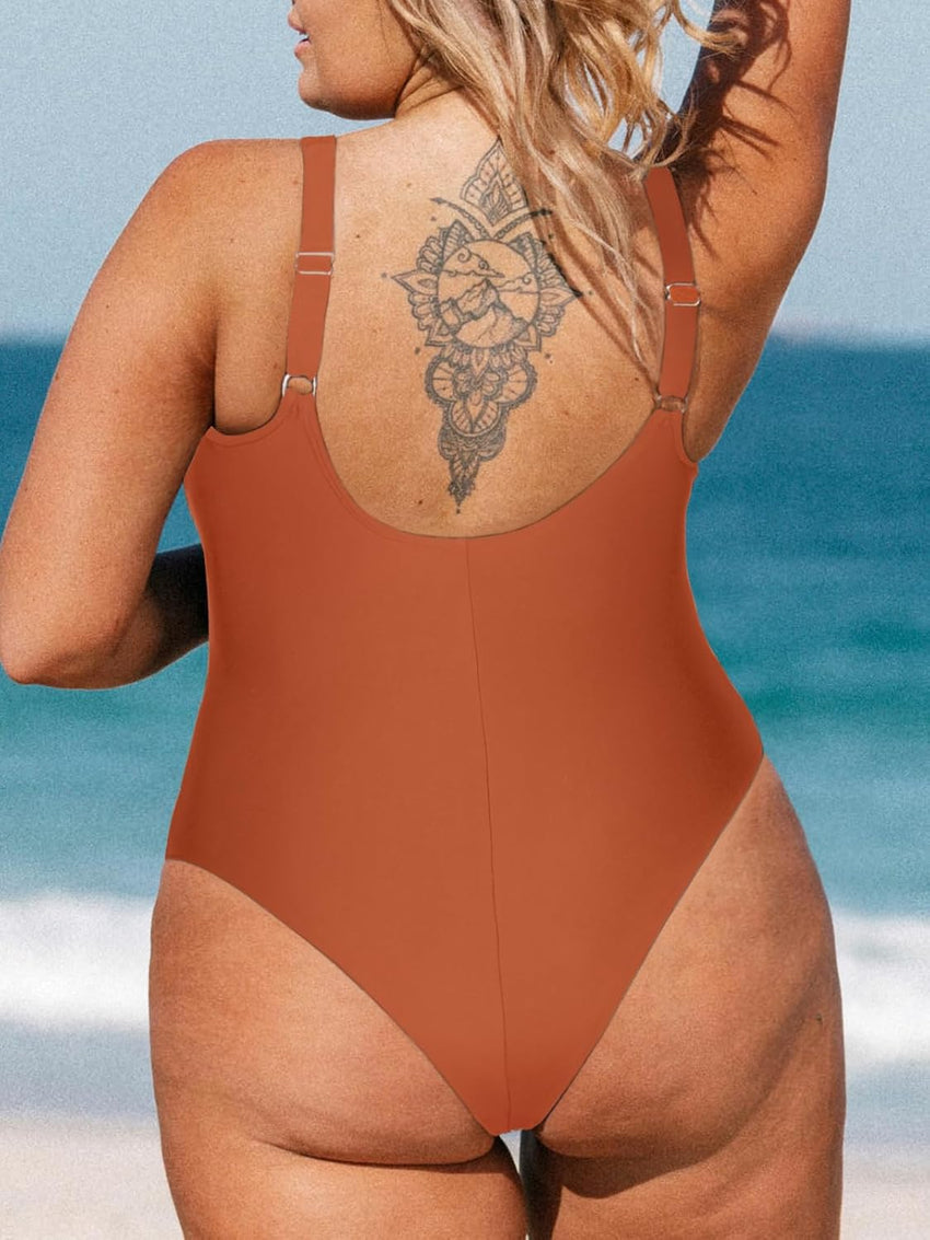 CUPSHE Women Plus Size One Piece Swimsuit V Neck Mesh Sheer Tummy Control Bathing Suit with Adjustable Wide Straps - 7DAY'S
