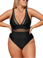 CUPSHE Women Plus Size One Piece Swimsuit V Neck Mesh Sheer Tummy Control Bathing Suit with Adjustable Wide Straps - 7DAY'S