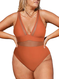 CUPSHE Women Plus Size One Piece Swimsuit V Neck Mesh Sheer Tummy Control Bathing Suit with Adjustable Wide Straps - 7DAY'S