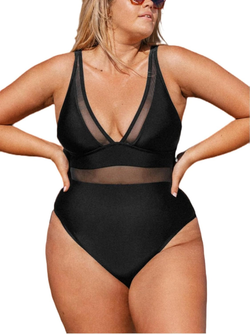CUPSHE Women Plus Size One Piece Swimsuit V Neck Mesh Sheer Tummy Control Bathing Suit with Adjustable Wide Straps - 7DAY'S