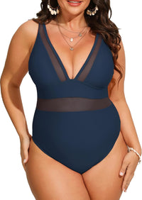 CUPSHE Women Plus Size One Piece Swimsuit V Neck Mesh Sheer Tummy Control Bathing Suit with Adjustable Wide Straps - 7DAY'S