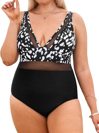 CUPSHE Women Plus Size One Piece Swimsuit V Neck Mesh Sheer Tummy Control Bathing Suit with Adjustable Wide Straps - 7DAY'S