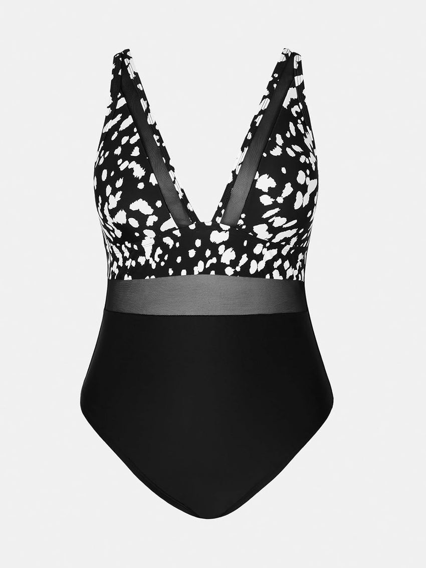 CUPSHE Women Plus Size One Piece Swimsuit V Neck Mesh Sheer Tummy Control Bathing Suit with Adjustable Wide Straps - 7DAY'S