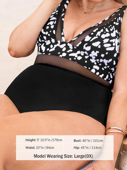 CUPSHE Women Plus Size One Piece Swimsuit V Neck Mesh Sheer Tummy Control Bathing Suit with Adjustable Wide Straps - 7DAY'S