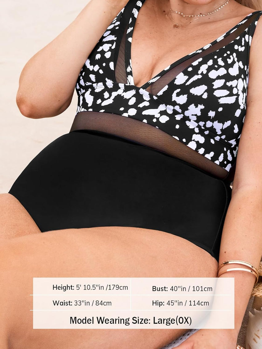 CUPSHE Women Plus Size One Piece Swimsuit V Neck Mesh Sheer Tummy Control Bathing Suit with Adjustable Wide Straps - 7DAY'S
