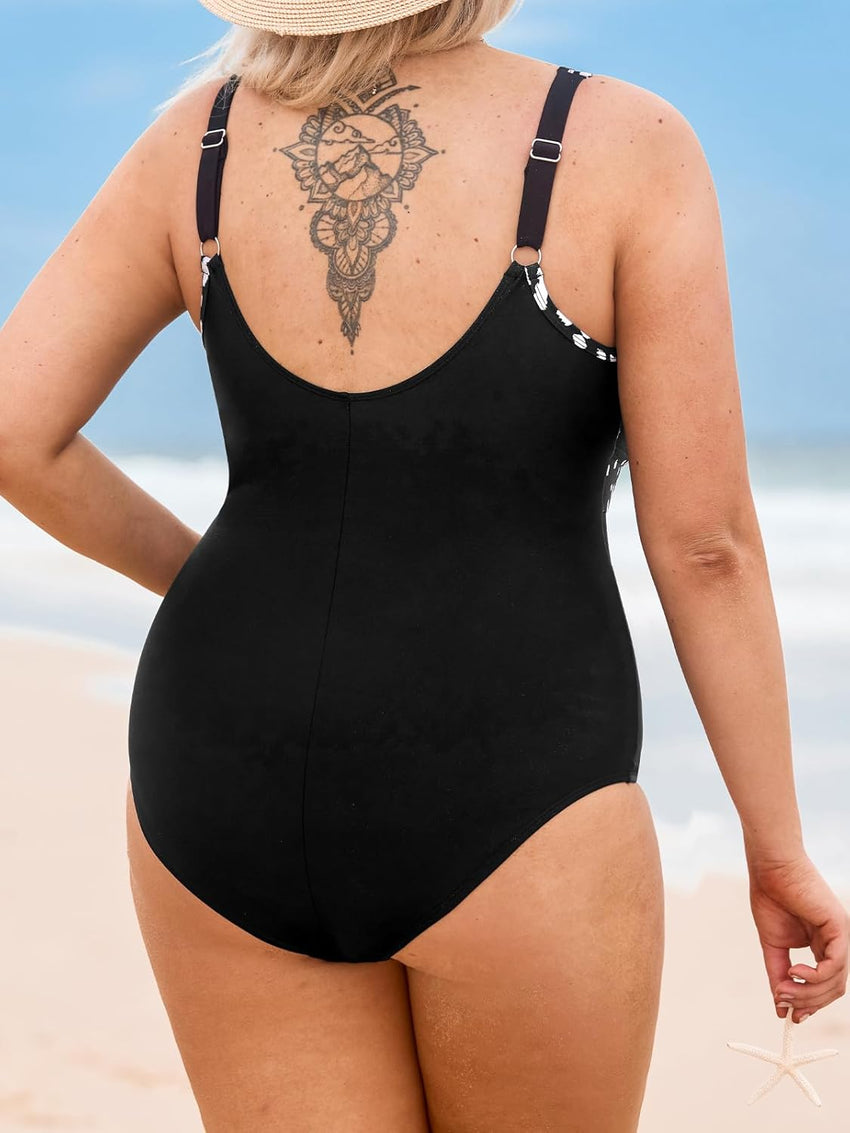 CUPSHE Women Plus Size One Piece Swimsuit V Neck Mesh Sheer Tummy Control Bathing Suit with Adjustable Wide Straps - 7DAY'S