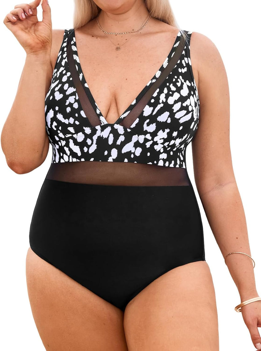 CUPSHE Women Plus Size One Piece Swimsuit V Neck Mesh Sheer Tummy Control Bathing Suit with Adjustable Wide Straps - 7DAY'S