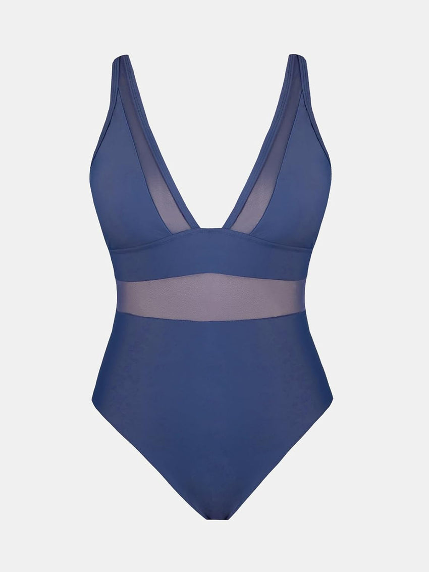 CUPSHE Women Plus Size One Piece Swimsuit V Neck Mesh Sheer Tummy Control Bathing Suit with Adjustable Wide Straps - 7DAY'S