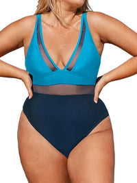 CUPSHE Women Plus Size One Piece Swimsuit V Neck Mesh Sheer Tummy Control Bathing Suit with Adjustable Wide Straps - 7DAY'S