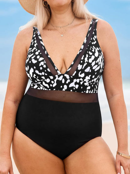 CUPSHE Women Plus Size One Piece Swimsuit V Neck Mesh Sheer Tummy Control Bathing Suit with Adjustable Wide Straps - 7DAY'S