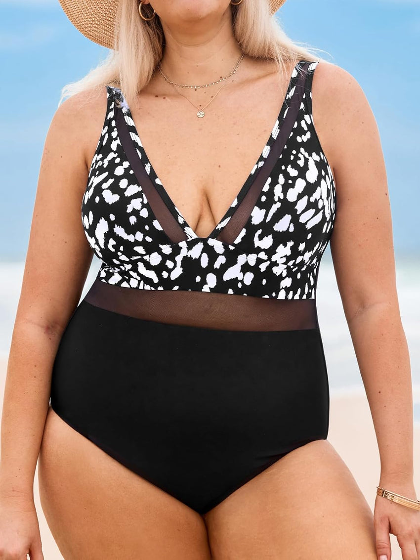 CUPSHE Women Plus Size One Piece Swimsuit V Neck Mesh Sheer Tummy Control Bathing Suit with Adjustable Wide Straps - 7DAY'S