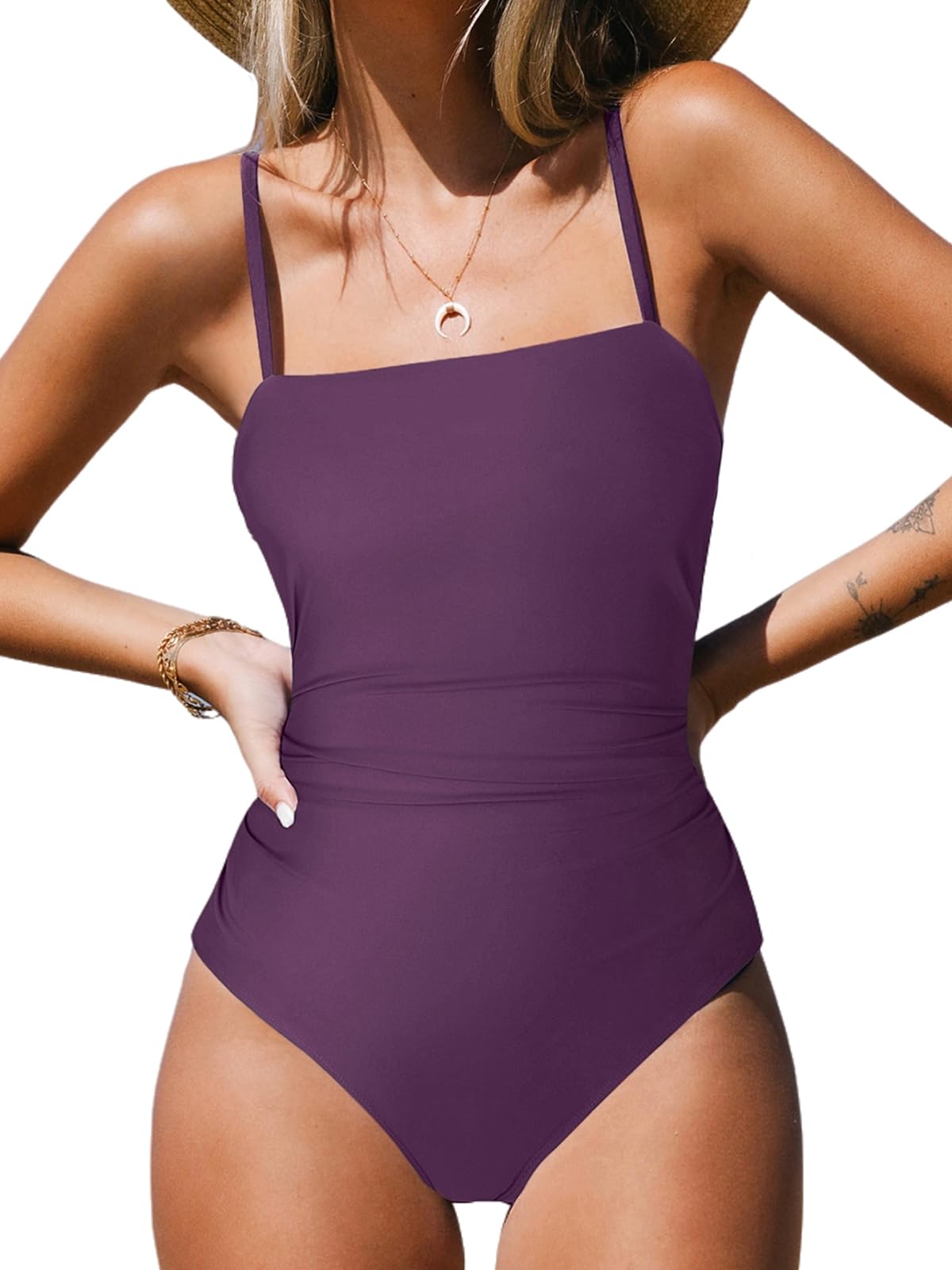 CUPSHE Women Swimsuit One Piece Bathing Suit Square Neck Cutout Back Tummy Control with Adjustable Spaghetti Straps - 7DAY'S