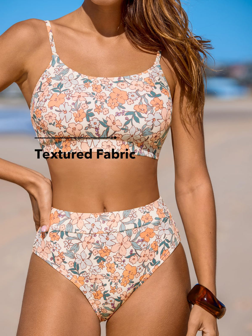 CUPSHE Women's Bikini Set Two Piece Swimsuits High Waisted Scoop Neck Spaghetti Adjustable Straps Textured - 7DAY'S