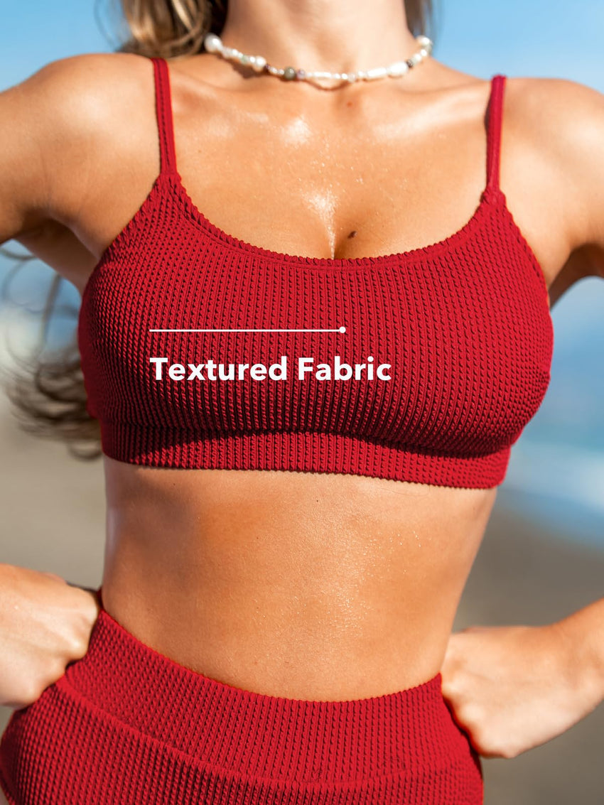 CUPSHE Women's Bikini Set Two Piece Swimsuits High Waisted Scoop Neck Spaghetti Adjustable Straps Textured - 7DAY'S