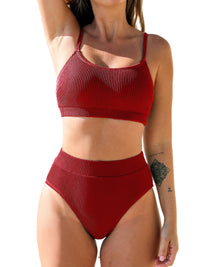 CUPSHE Women's Bikini Set Two Piece Swimsuits High Waisted Scoop Neck Spaghetti Adjustable Straps Textured - 7DAY'S