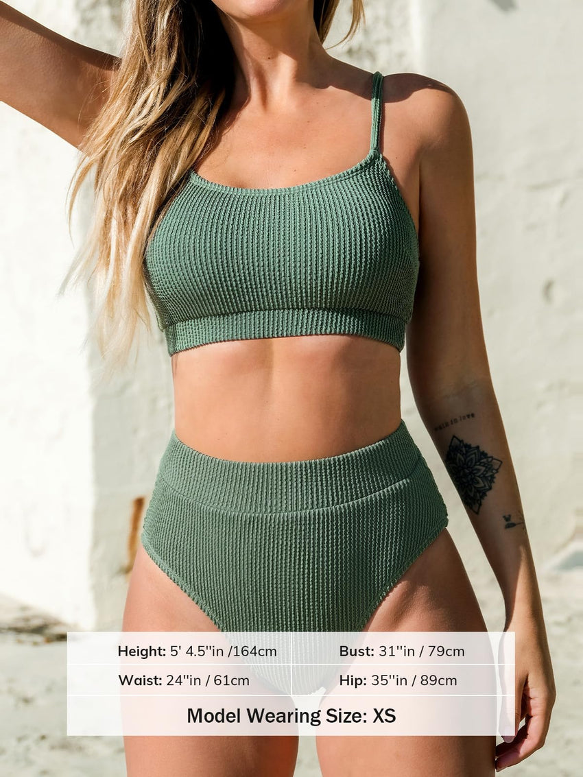 CUPSHE Women's Bikini Set Two Piece Swimsuits High Waisted Scoop Neck Spaghetti Adjustable Straps Textured - 7DAY'S