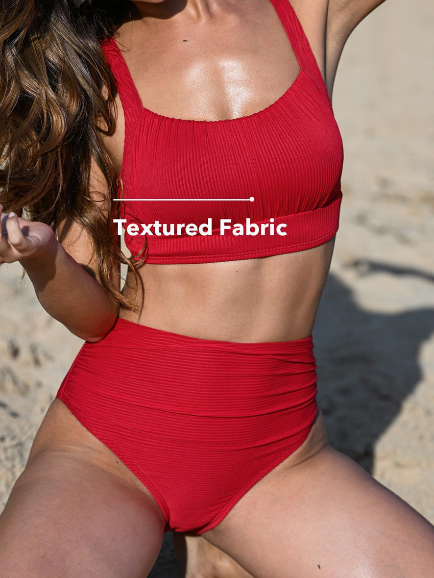 CUPSHE Women's Bikini Sets Two Piece Bathing Suit High Waisted Square Neck Adjustable Straps Ruched - 7DAY'S