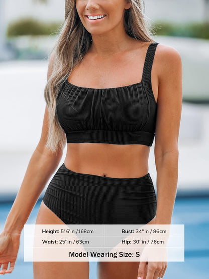 CUPSHE Women's Bikini Sets Two Piece Bathing Suit High Waisted Square Neck Adjustable Straps Ruched - 7DAY'S