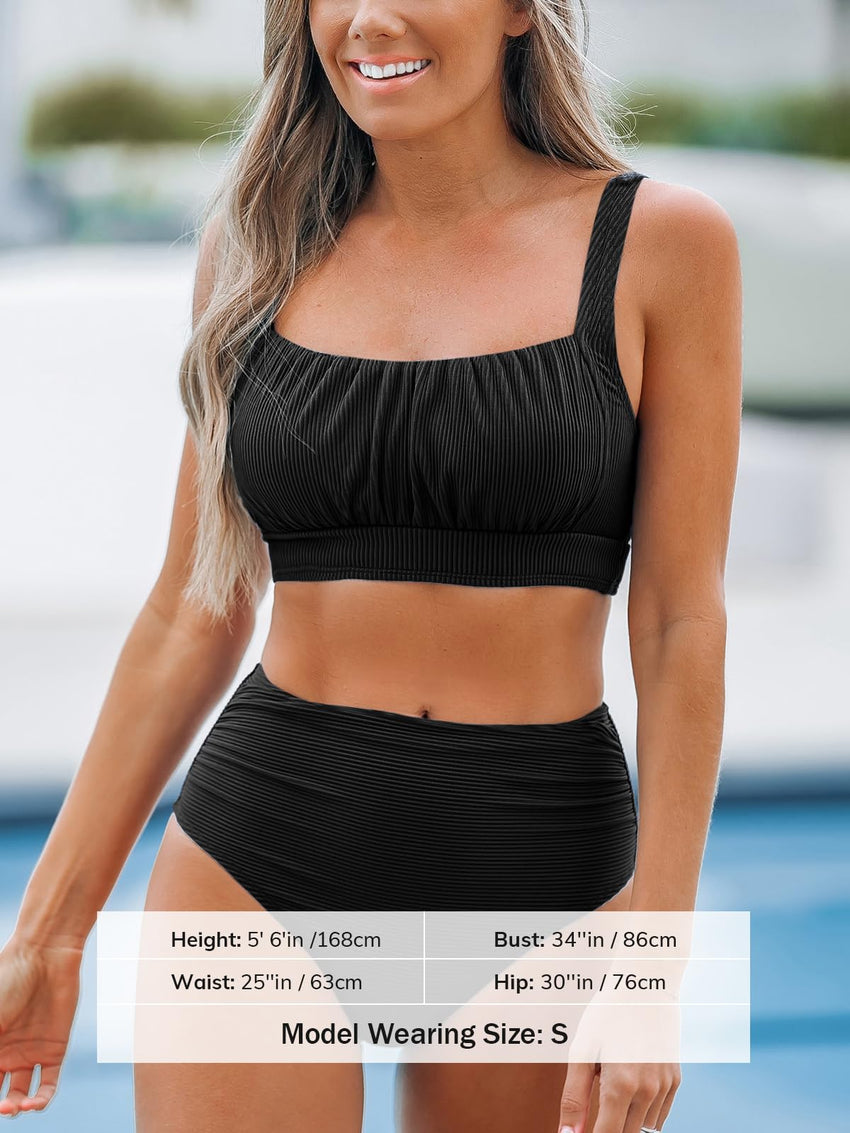 CUPSHE Women's Bikini Sets Two Piece Bathing Suit High Waisted Square Neck Adjustable Straps Ruched - 7DAY'S