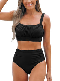 CUPSHE Women's Bikini Sets Two Piece Bathing Suit High Waisted Square Neck Adjustable Straps Ruched - 7DAY'S