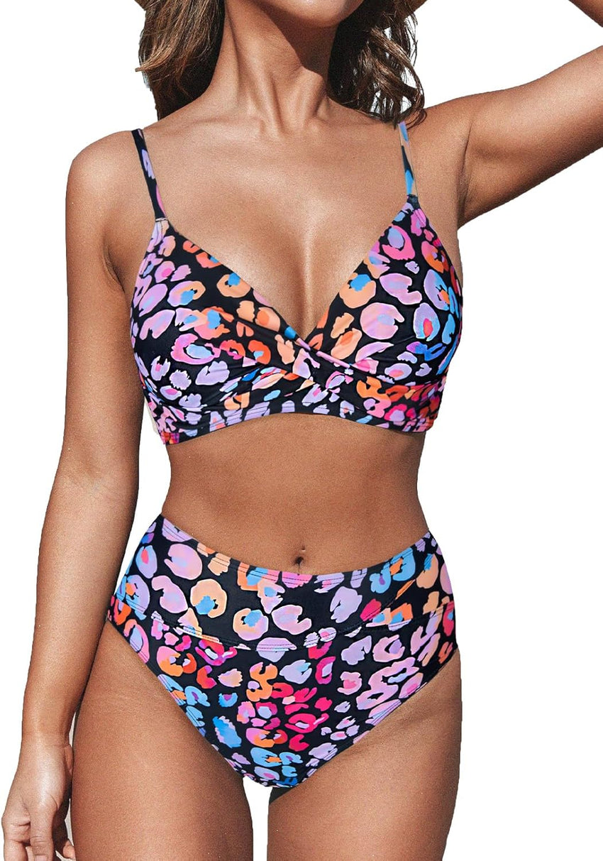 CUPSHE Women's Bikini Sets Two Piece Swimsuit High Waisted V Neck Twist Front Adjustable Spaghetti Straps Bathing Suit - 7DAY'S