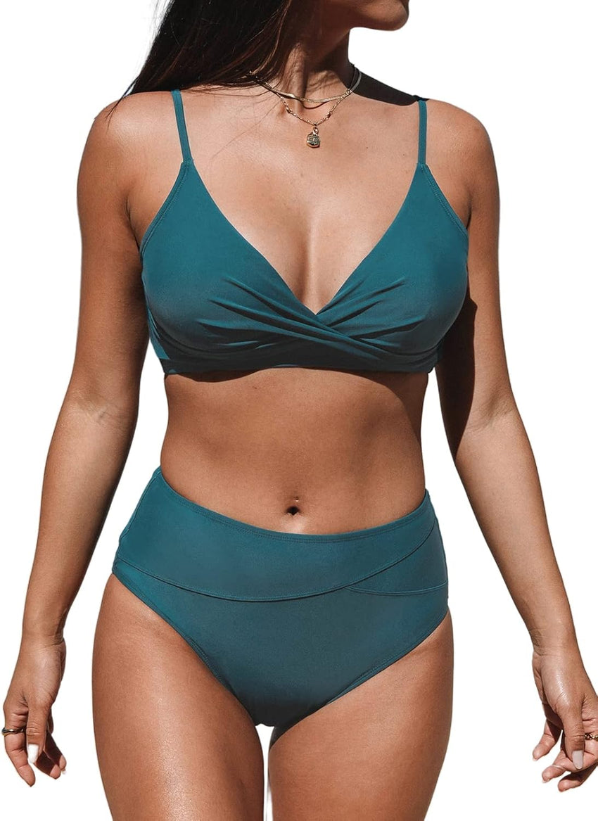 CUPSHE Women's Bikini Sets Two Piece Swimsuit High Waisted V Neck Twist Front Adjustable Spaghetti Straps Bathing Suit - 7DAY'S