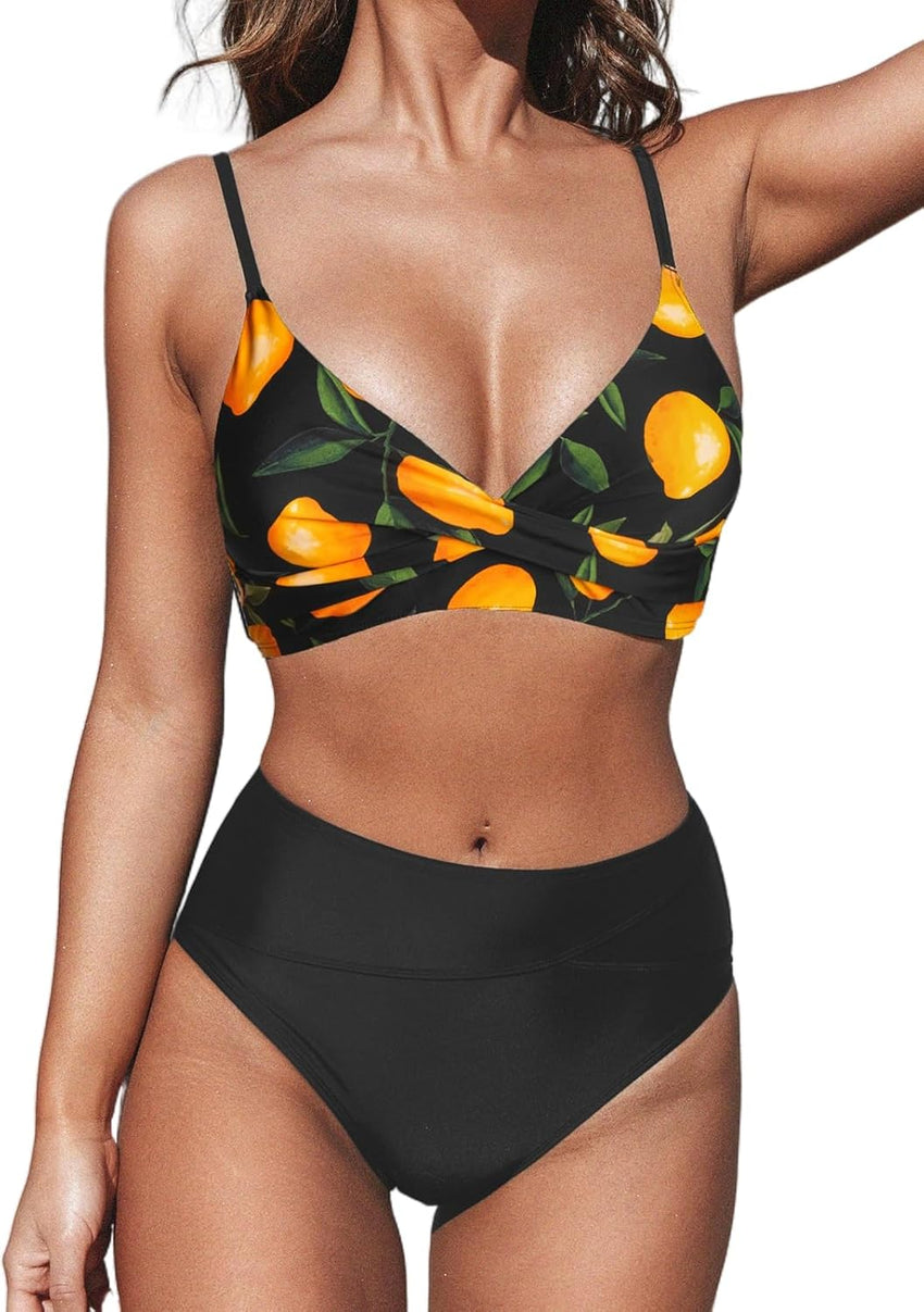 CUPSHE Women's Bikini Sets Two Piece Swimsuit High Waisted V Neck Twist Front Adjustable Spaghetti Straps Bathing Suit - 7DAY'S