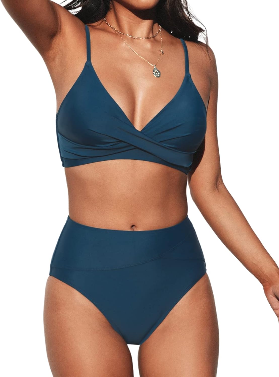 CUPSHE Women's Bikini Sets Two Piece Swimsuit High Waisted V Neck Twist Front Adjustable Spaghetti Straps Bathing Suit - 7DAY'S