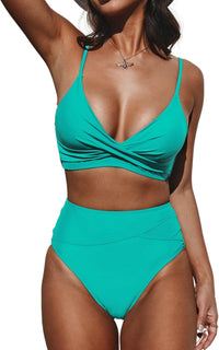 CUPSHE Women's Bikini Sets Two Piece Swimsuit High Waisted V Neck Twist Front Adjustable Spaghetti Straps Bathing Suit - 7DAY'S