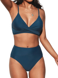 CUPSHE Women's Bikini Sets Two Piece Swimsuit High Waisted V Neck Twist Front Adjustable Spaghetti Straps Bathing Suit - 7DAY'S