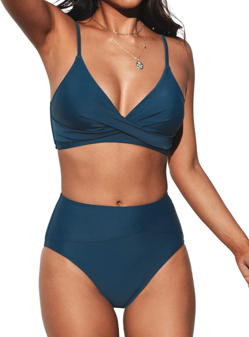 CUPSHE Women's Bikini Sets Two Piece Swimsuit High Waisted V Neck Twist Front Adjustable Spaghetti Straps Bathing Suit - 7DAY'S