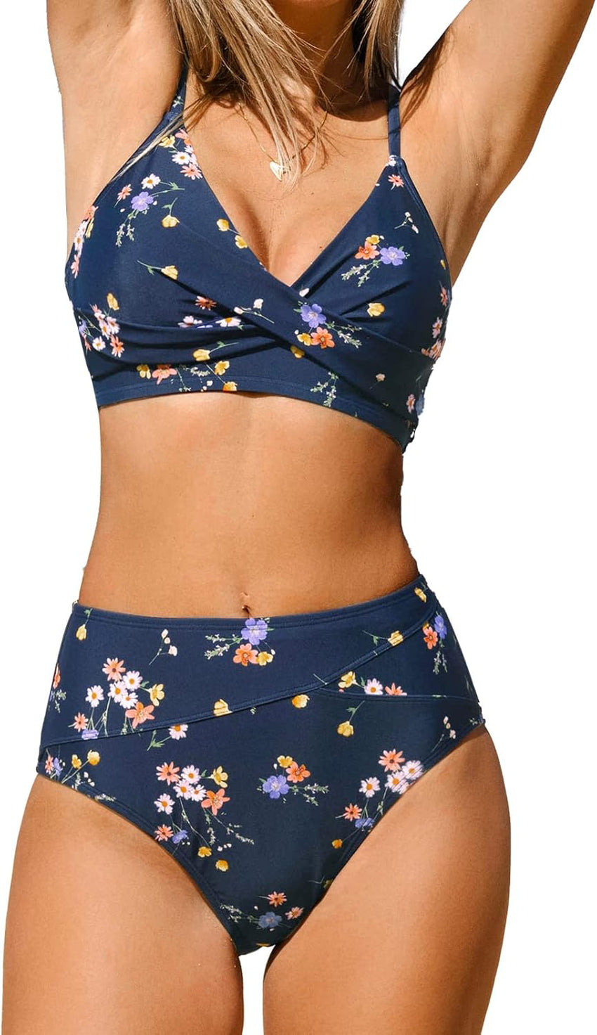 CUPSHE Women's Bikini Sets Two Piece Swimsuit High Waisted V Neck Twist Front Adjustable Spaghetti Straps Bathing Suit - 7DAY'S