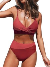 CUPSHE Women's Bikini Sets Two Piece Swimsuit High Waisted V Neck Twist Front Adjustable Spaghetti Straps Bathing Suit - 7DAY'S