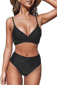 CUPSHE Women's Bikini Sets Two Piece Swimsuit High Waisted V Neck Twist Front Adjustable Spaghetti Straps Bathing Suit - 7DAY'S