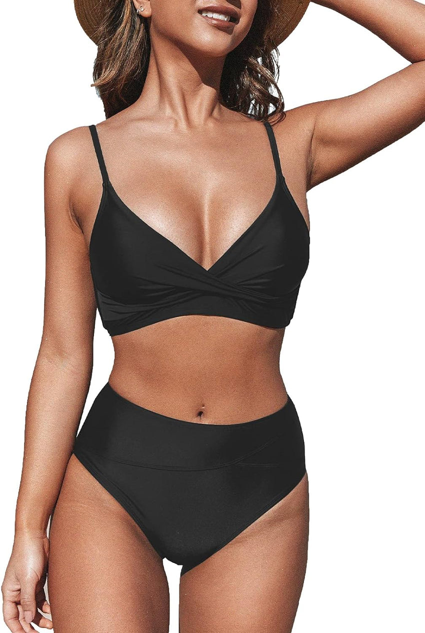 CUPSHE Women's Bikini Sets Two Piece Swimsuit High Waisted V Neck Twist Front Adjustable Spaghetti Straps Bathing Suit - 7DAY'S