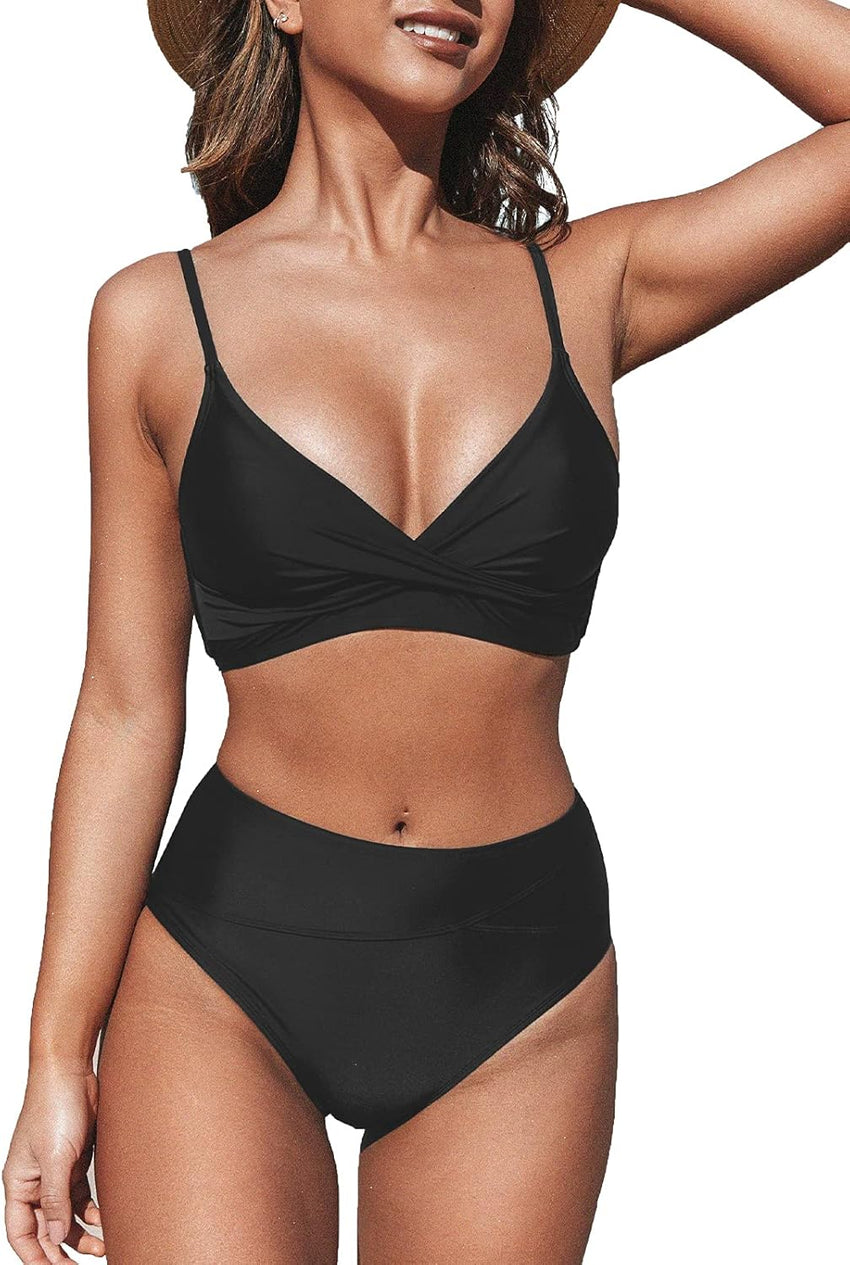 CUPSHE Women's Bikini Sets Two Piece Swimsuit High Waisted V Neck Twist Front Adjustable Spaghetti Straps Bathing Suit - 7DAY'S